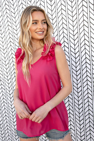 Fuchsia Frill Shoulder Sleeveless Crepe Woven Top - Coeur de la Mode