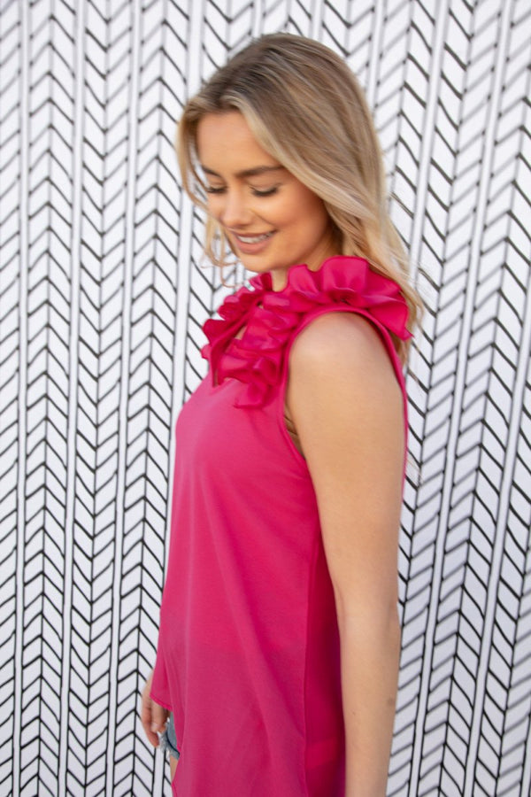 Fuchsia Frill Shoulder Sleeveless Crepe Woven Top - Coeur de la Mode