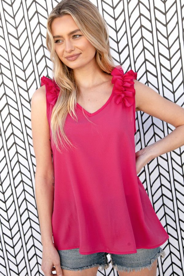 Fuchsia Frill Shoulder Sleeveless Crepe Woven Top - Coeur de la Mode