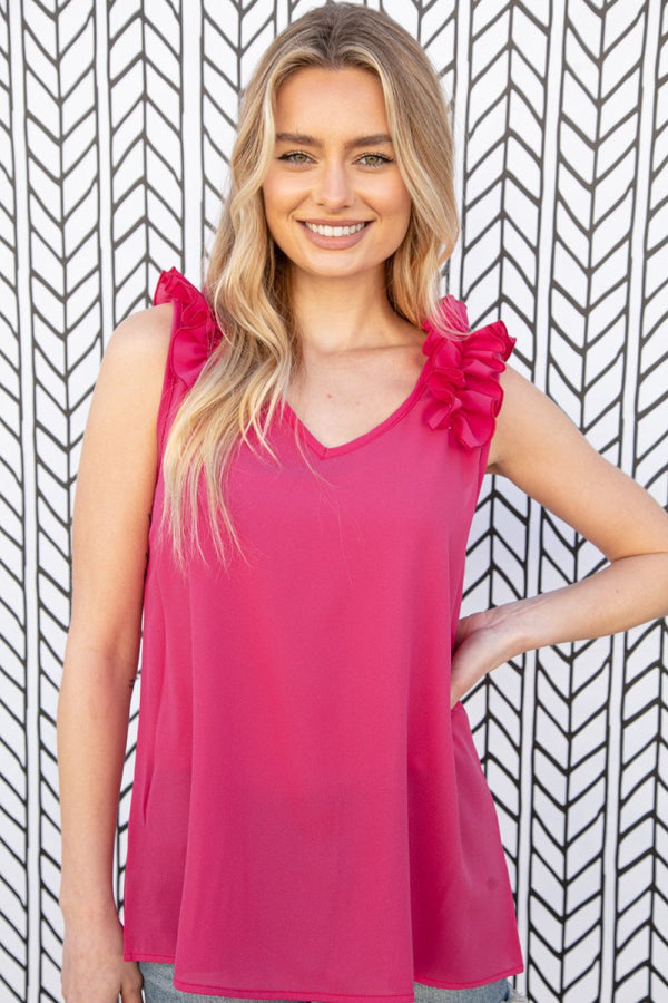 Fuchsia Frill Shoulder Sleeveless Crepe Woven Top - Coeur de la Mode