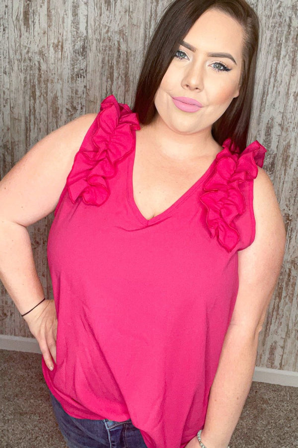 Fuchsia Frill Shoulder Sleeveless Crepe Woven Top - Coeur de la Mode