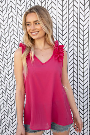 Fuchsia Frill Shoulder Sleeveless Crepe Woven Top - Coeur de la Mode