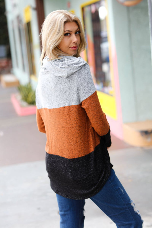 Heather Grey & Rust Color Block Hoodie Top - Coeur de la Mode