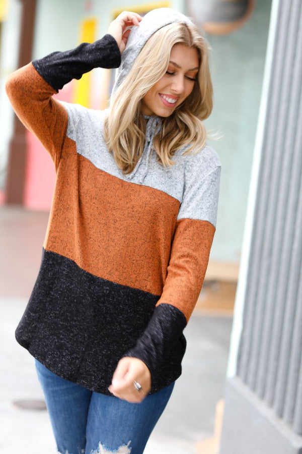 Heather Grey & Rust Color Block Hoodie Top - Coeur de la Mode