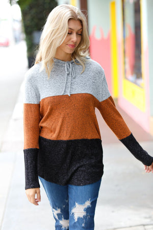 Heather Grey & Rust Color Block Hoodie Top - Coeur de la Mode