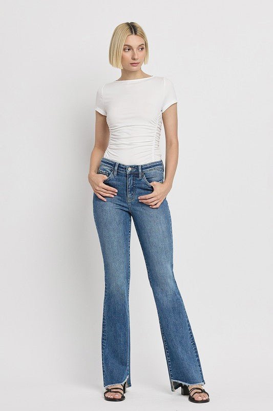 High Rise Slant Hem Flare Jeans - Coeur de la Mode