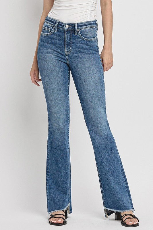 High Rise Slant Hem Flare Jeans - Coeur de la Mode