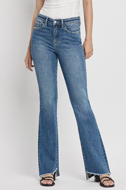High Rise Slant Hem Flare Jeans - Coeur de la Mode