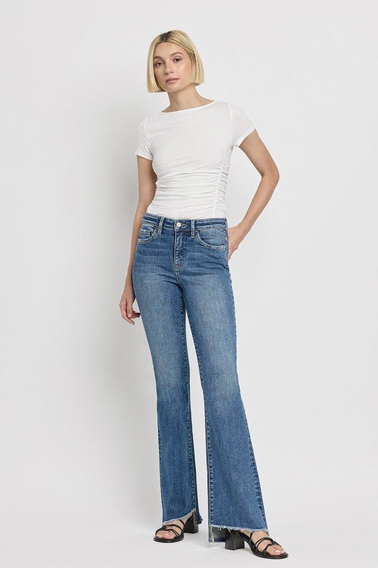 High Rise Slant Hem Flare Jeans - Coeur de la Mode