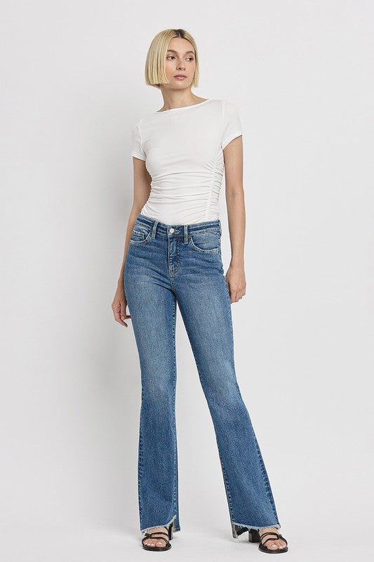 High Rise Slant Hem Flare Jeans - Coeur de la Mode