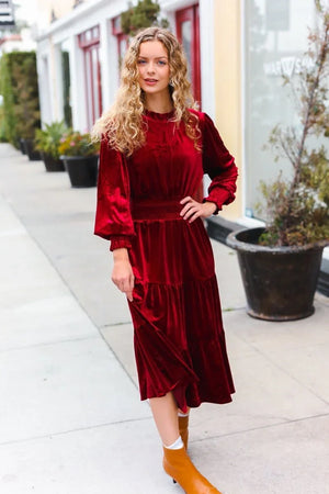 Holiday Dreaming Burgundy Velvet Mock Neck Smocked Waist Dress - Coeur de la Mode
