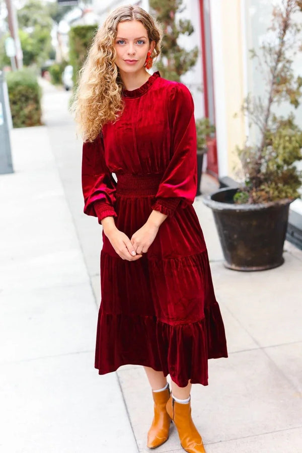 Holiday Dreaming Burgundy Velvet Mock Neck Smocked Waist Dress - Coeur de la Mode