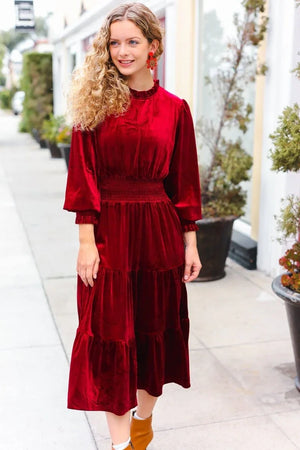 Holiday Dreaming Burgundy Velvet Mock Neck Smocked Waist Dress - Coeur de la Mode