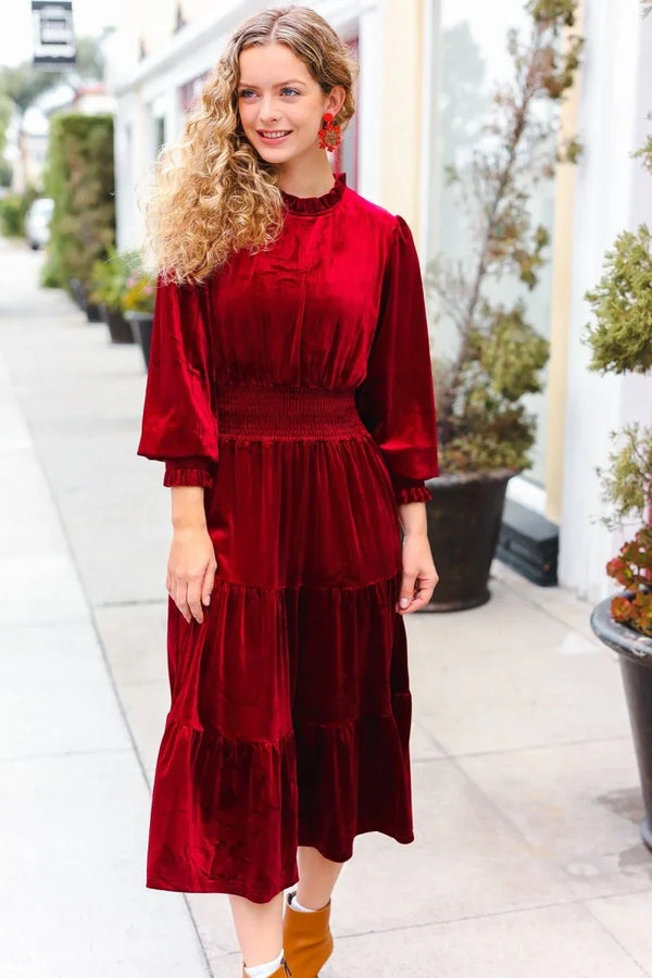 Holiday Dreaming Burgundy Velvet Mock Neck Smocked Waist Dress - Coeur de la Mode