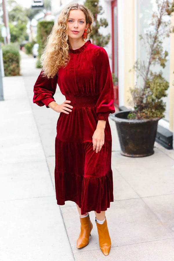 Holiday Dreaming Burgundy Velvet Mock Neck Smocked Waist Dress - Coeur de la Mode