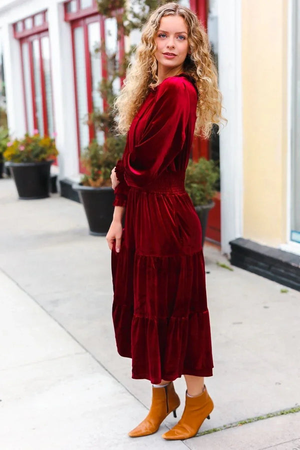 Holiday Dreaming Burgundy Velvet Mock Neck Smocked Waist Dress - Coeur de la Mode