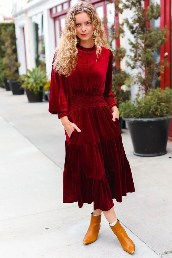 Holiday Dreaming Burgundy Velvet Mock Neck Smocked Waist Dress - Coeur de la Mode