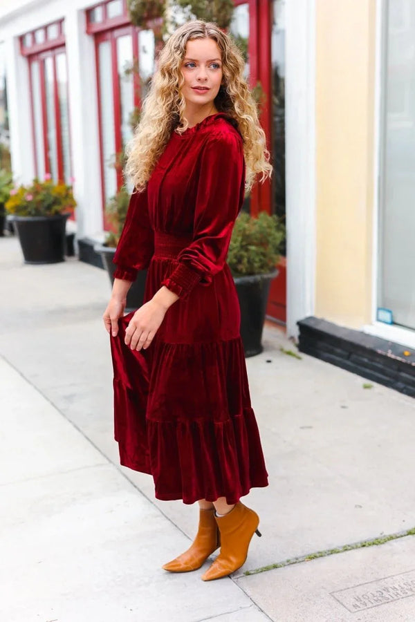 Holiday Dreaming Burgundy Velvet Mock Neck Smocked Waist Dress - Coeur de la Mode