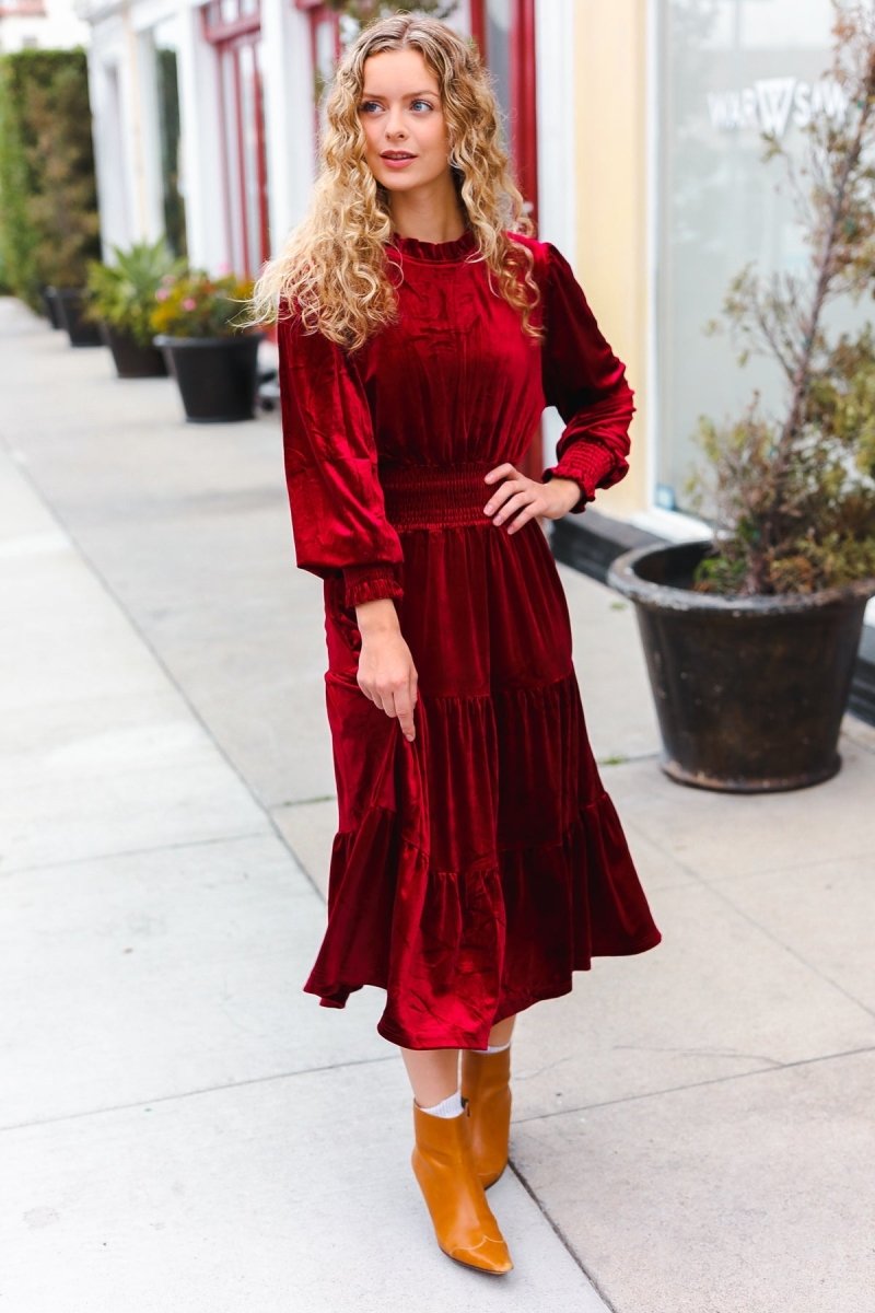 Holiday Dreaming Burgundy Velvet Mock Neck Smocked Waist Dress - Coeur de la Mode