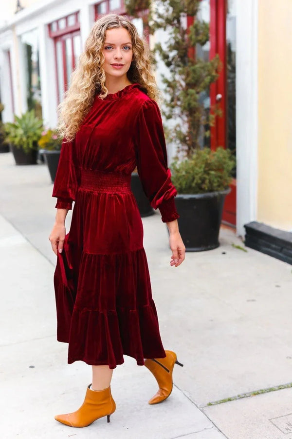 Holiday Dreaming Burgundy Velvet Mock Neck Smocked Waist Dress - Coeur de la Mode