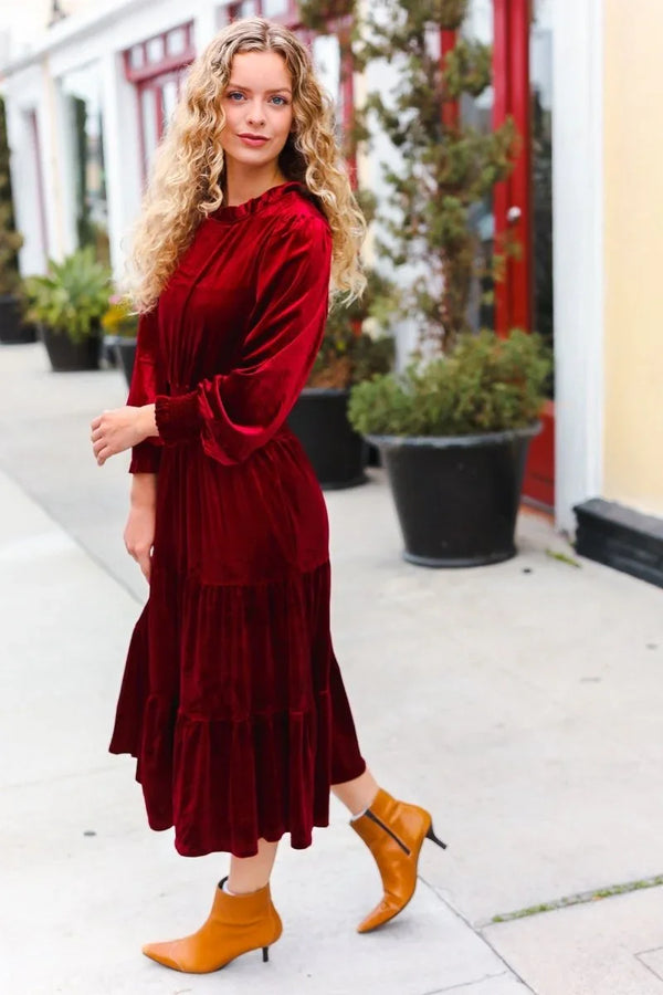 Holiday Dreaming Burgundy Velvet Mock Neck Smocked Waist Dress - Coeur de la Mode