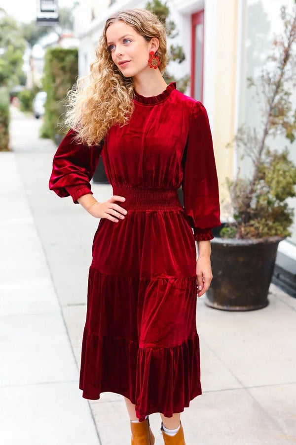 Holiday Dreaming Burgundy Velvet Mock Neck Smocked Waist Dress - Coeur de la Mode
