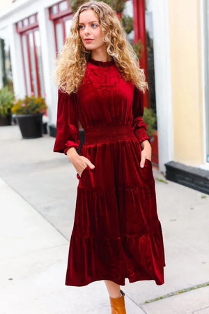 Holiday Dreaming Burgundy Velvet Mock Neck Smocked Waist Dress - Coeur de la Mode