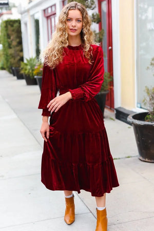 Holiday Dreaming Burgundy Velvet Mock Neck Smocked Waist Dress - Coeur de la Mode