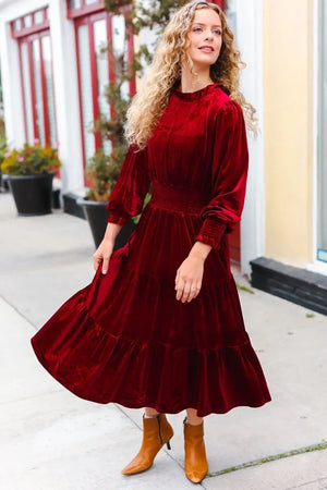 Holiday Dreaming Burgundy Velvet Mock Neck Smocked Waist Dress - Coeur de la Mode