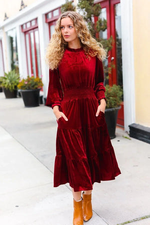 Holiday Dreaming Burgundy Velvet Mock Neck Smocked Waist Dress - Coeur de la Mode