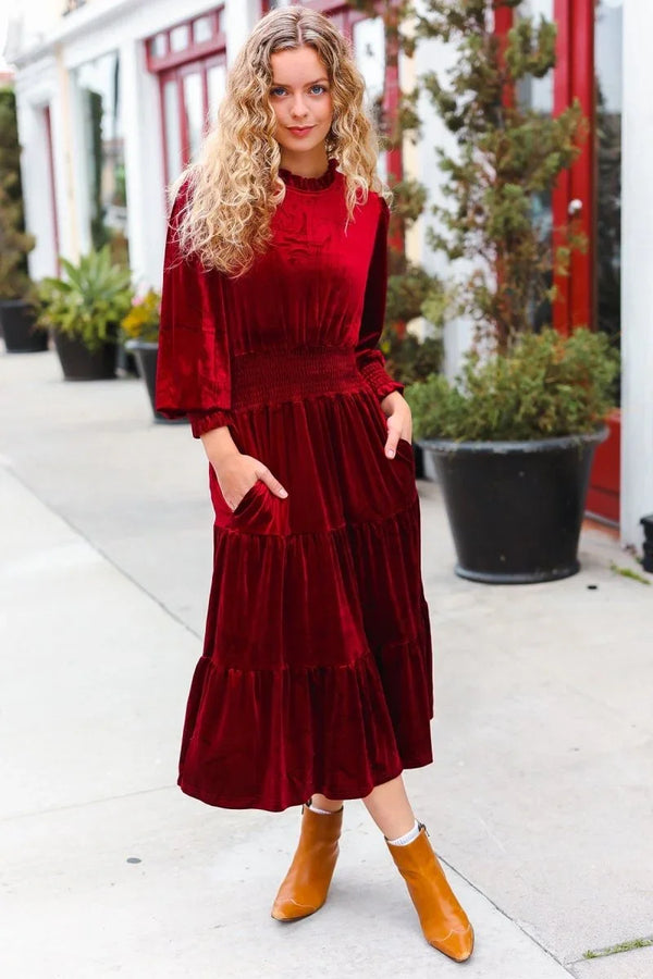 Holiday Dreaming Burgundy Velvet Mock Neck Smocked Waist Dress - Coeur de la Mode