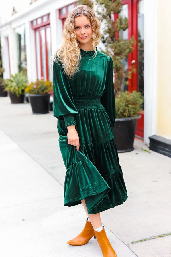 Holiday Dreaming Hunter Green Velvet Mock Neck Smocked Waist Dress - Coeur de la Mode