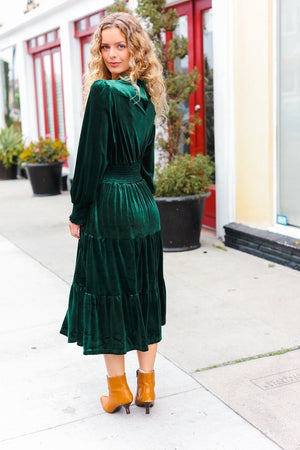 Holiday Dreaming Hunter Green Velvet Mock Neck Smocked Waist Dress - Coeur de la Mode