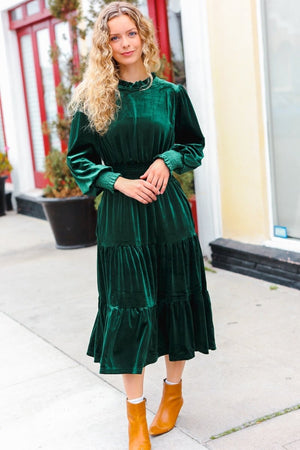 Holiday Dreaming Hunter Green Velvet Mock Neck Smocked Waist Dress - Coeur de la Mode