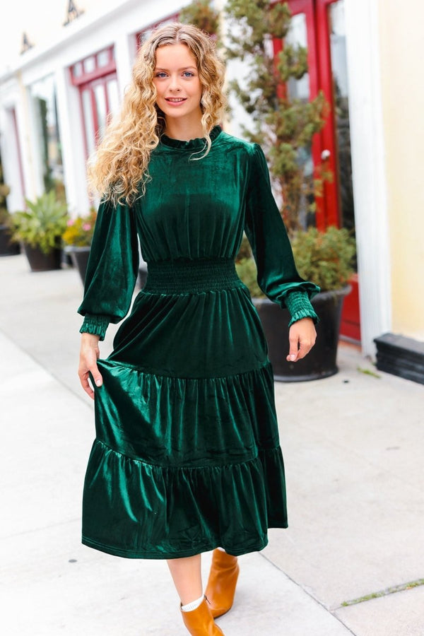 Holiday Dreaming Hunter Green Velvet Mock Neck Smocked Waist Dress - Coeur de la Mode