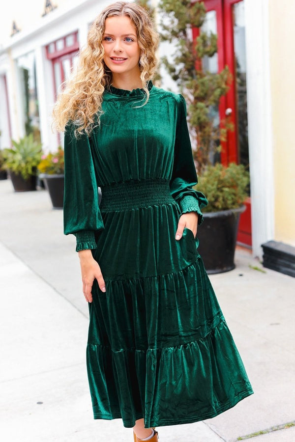 Holiday Dreaming Hunter Green Velvet Mock Neck Smocked Waist Dress - Coeur de la Mode