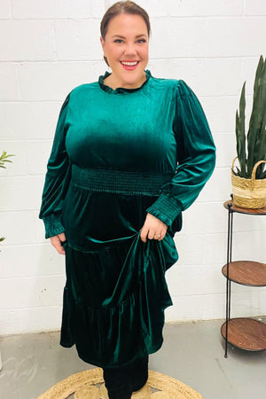 Holiday Dreaming Hunter Green Velvet Mock Neck Smocked Waist Dress - Coeur de la Mode