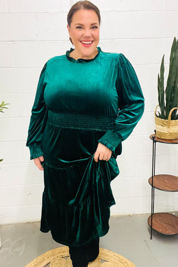 Holiday Dreaming Hunter Green Velvet Mock Neck Smocked Waist Dress - Coeur de la Mode