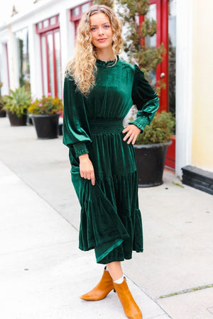Holiday Dreaming Hunter Green Velvet Mock Neck Smocked Waist Dress - Coeur de la Mode
