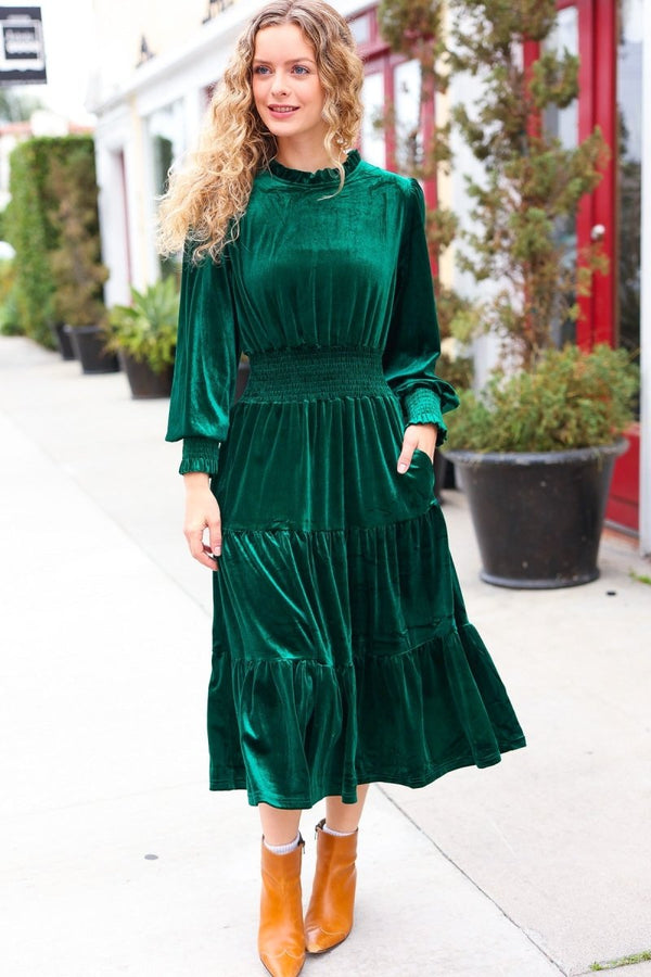 Holiday Dreaming Hunter Green Velvet Mock Neck Smocked Waist Dress - Coeur de la Mode