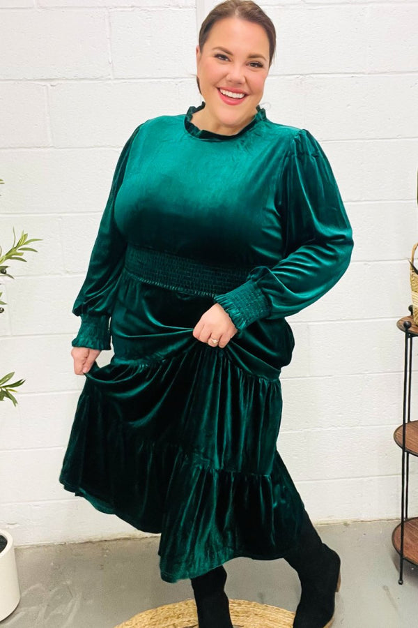 Holiday Dreaming Hunter Green Velvet Mock Neck Smocked Waist Dress - Coeur de la Mode