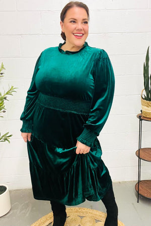 Holiday Dreaming Hunter Green Velvet Mock Neck Smocked Waist Dress - Coeur de la Mode