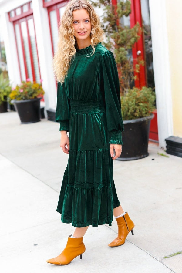 Holiday Dreaming Hunter Green Velvet Mock Neck Smocked Waist Dress - Coeur de la Mode