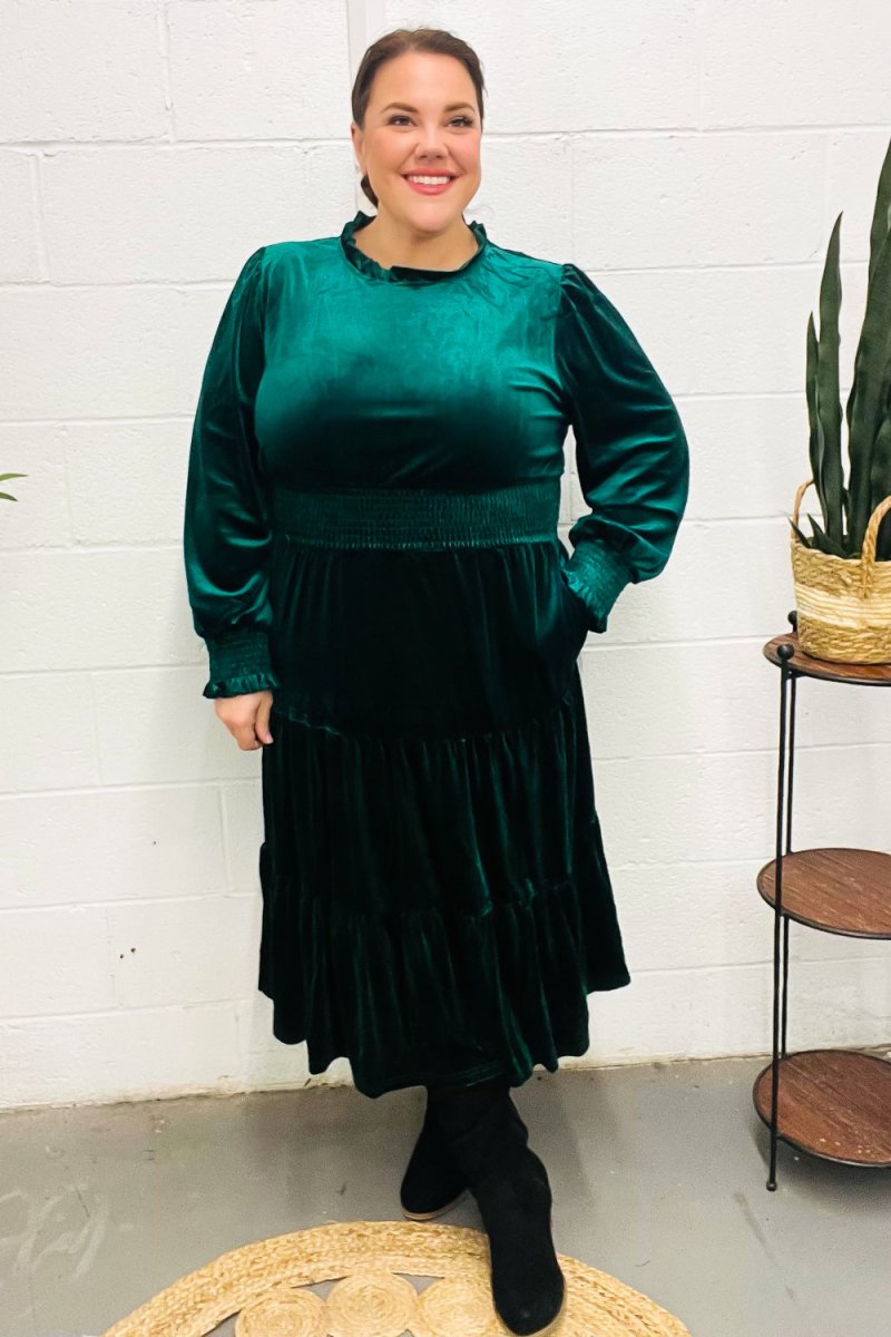 Holiday Dreaming Hunter Green Velvet Mock Neck Smocked Waist Dress - Coeur de la Mode