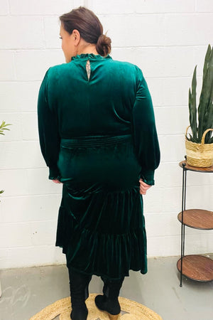 Holiday Dreaming Hunter Green Velvet Mock Neck Smocked Waist Dress - Coeur de la Mode