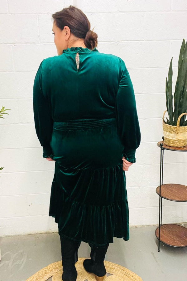 Holiday Dreaming Hunter Green Velvet Mock Neck Smocked Waist Dress - Coeur de la Mode