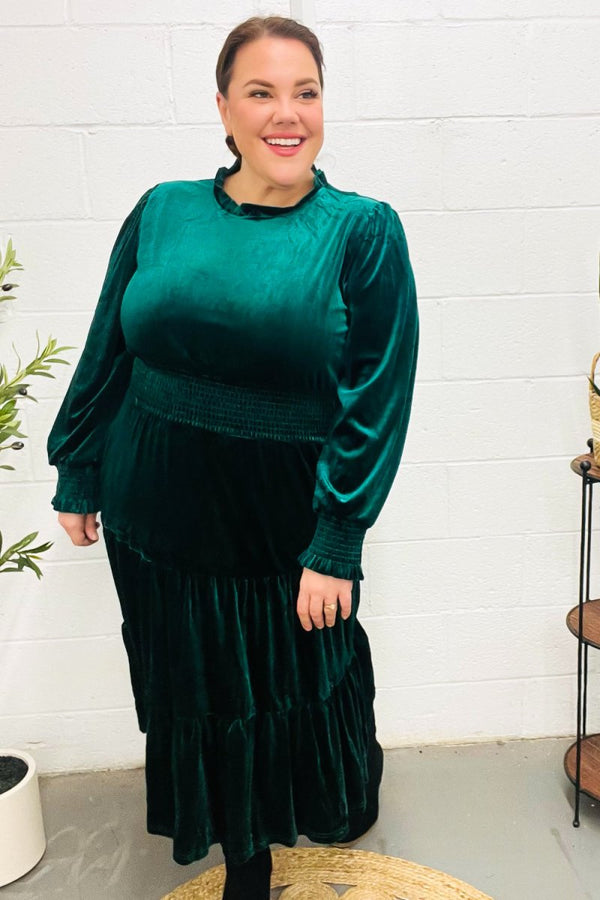 Holiday Dreaming Hunter Green Velvet Mock Neck Smocked Waist Dress - Coeur de la Mode