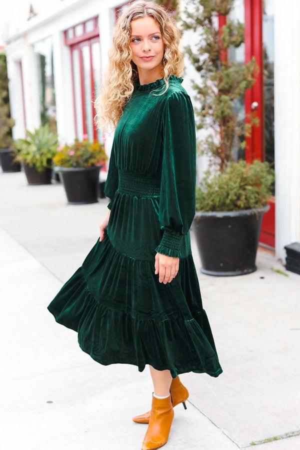 Holiday Dreaming Hunter Green Velvet Mock Neck Smocked Waist Dress - Coeur de la Mode