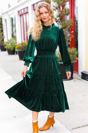 Holiday Dreaming Hunter Green Velvet Mock Neck Smocked Waist Dress - Coeur de la Mode