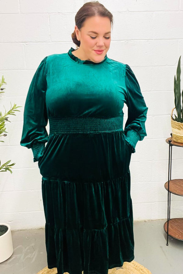 Holiday Dreaming Hunter Green Velvet Mock Neck Smocked Waist Dress - Coeur de la Mode